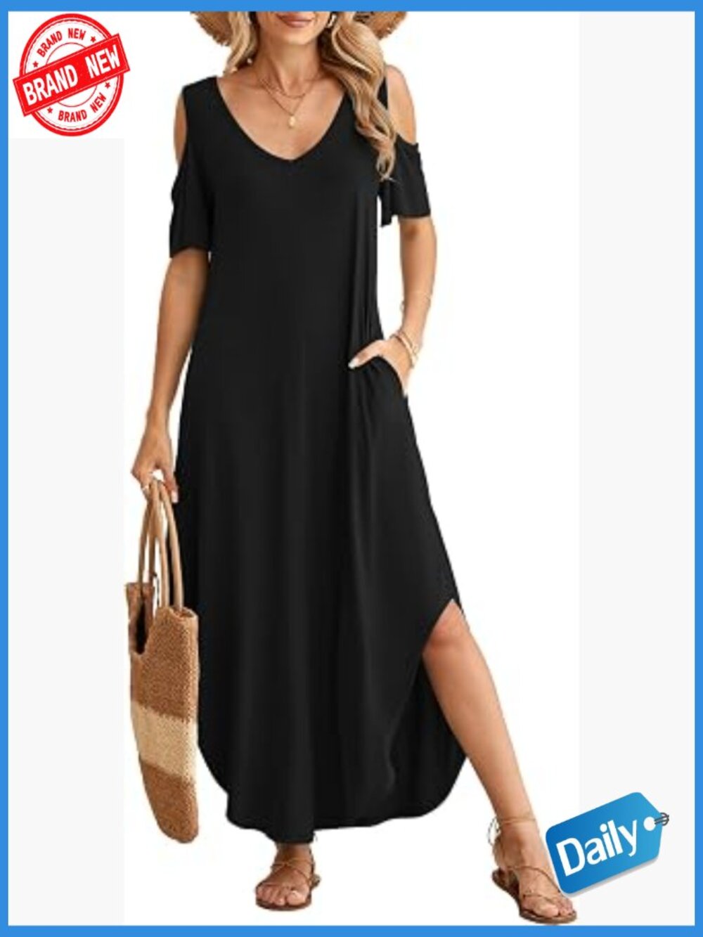 Cold Shoulder Maxi Dress Plus Size V Neck Sundress with Pockets Beach Coverup